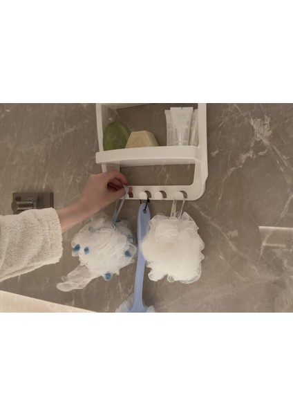 Beyaz, 3 Katlı Banyo Duş Rafı - Askılıklı Banyo Organizeri - Delmeden Montaj indirimleri