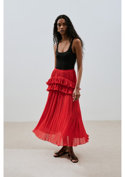 Mila Piliseli Katlı Etek Kırmızı