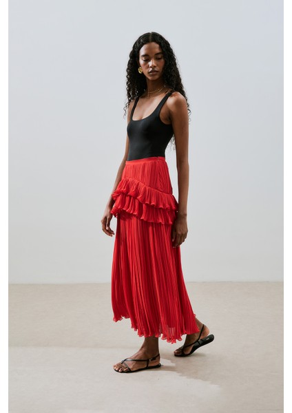 Mila Piliseli Katlı Etek Kırmızı fırsatları