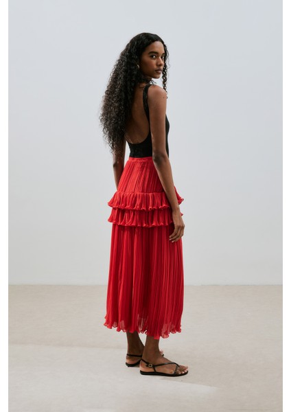 Mila Piliseli Katlı Etek Kırmızı