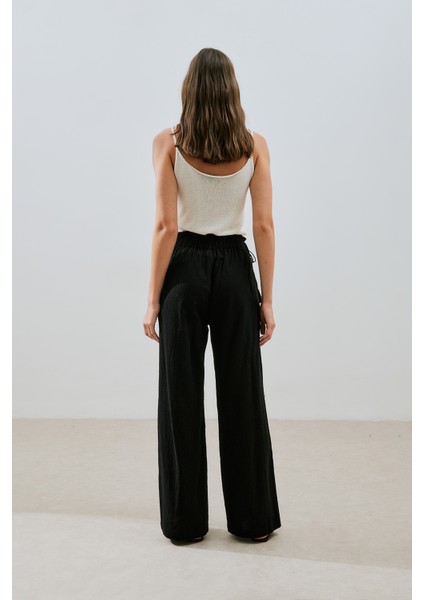 Dokulu Bağlamalı Pantolon Siyah