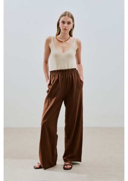 Dokulu Bağlamalı Pantolon Kahverengi fiyatları