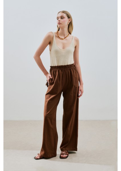 Dokulu Bağlamalı Pantolon Kahverengi fırsatları