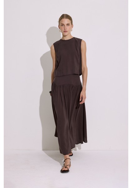 Modal Büzgülü Uzun Etek Acı Kahve