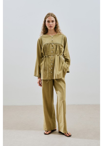 Dokulu Bağlamalı Pantolon Haki fiyatları