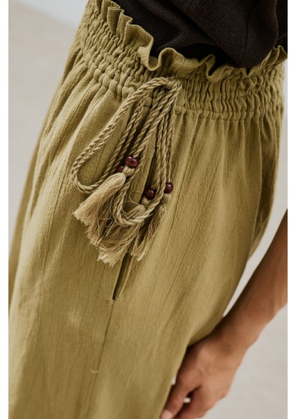 Dokulu Bağlamalı Pantolon Haki indirimleri