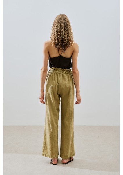 Dokulu Bağlamalı Pantolon Haki