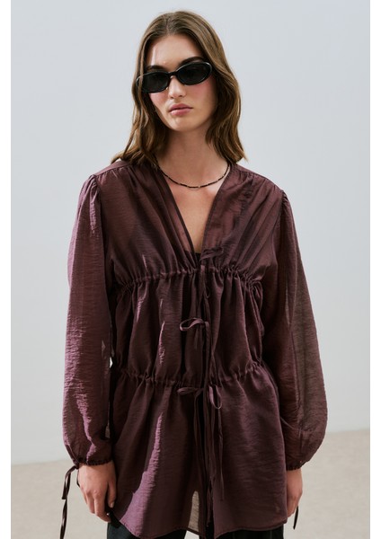 Büzgülü Bağlamalı Bluz Bordo