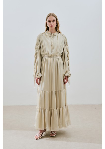 Uzun Büzgülü Şifon Elbise Adaçayı