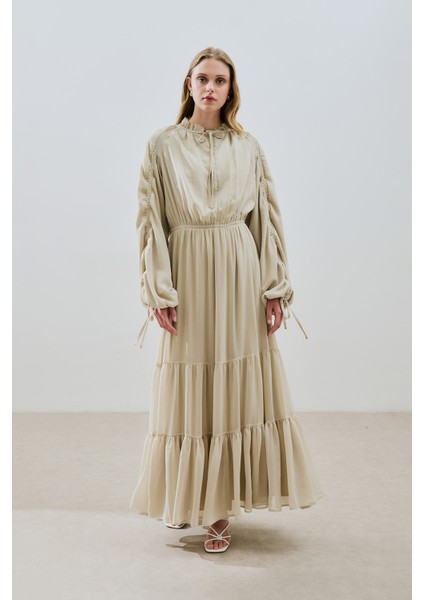 Uzun Büzgülü Şifon Elbise Adaçayı fiyatları