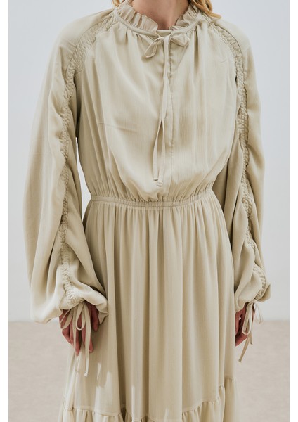 Uzun Büzgülü Şifon Elbise Adaçayı modelleri