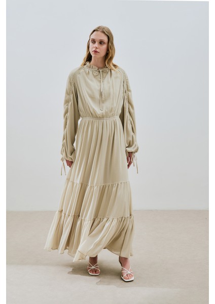 Uzun Büzgülü Şifon Elbise Adaçayı indirimleri