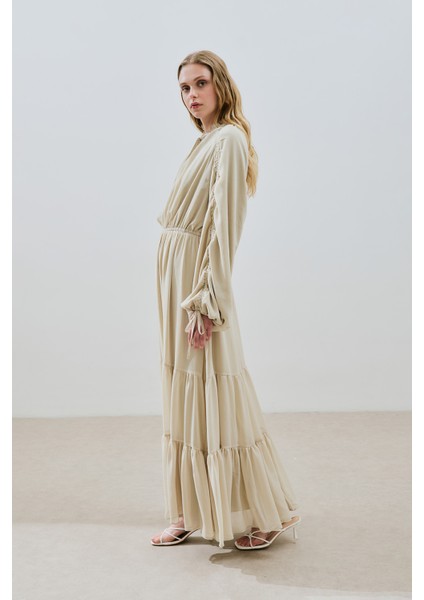 Uzun Büzgülü Şifon Elbise Adaçayı