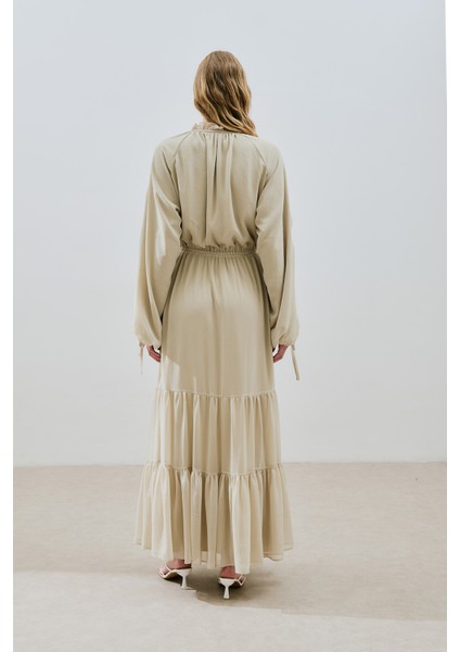 Uzun Büzgülü Şifon Elbise Adaçayı