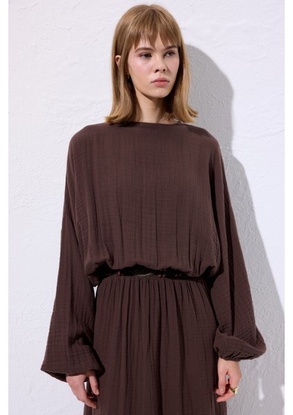 Müslin Beli Büzgülü Elbise Kahverengi fırsatları