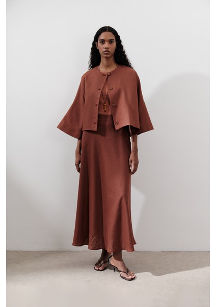 Keten Dikiş Detaylı Etek Bakır