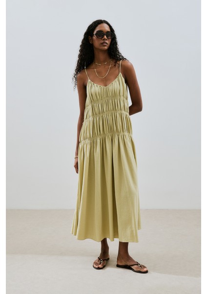 Dokulu Büzgü Detaylı Elbise Soft Yeşil indirimleri