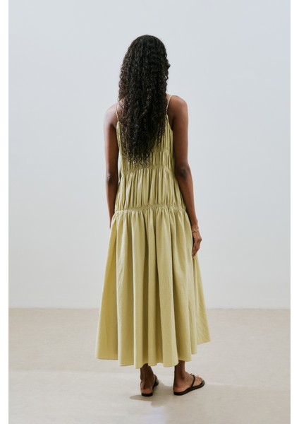 Dokulu Büzgü Detaylı Elbise Soft Yeşil