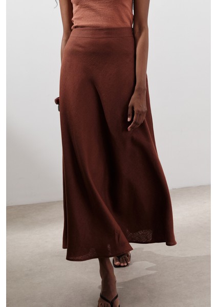 Keten Dikiş Detaylı Etek Bakır modelleri