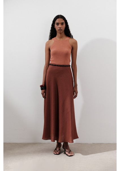Keten Dikiş Detaylı Etek Bakır fırsatları