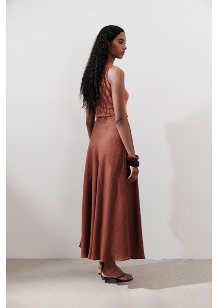 Keten Dikiş Detaylı Etek Bakır