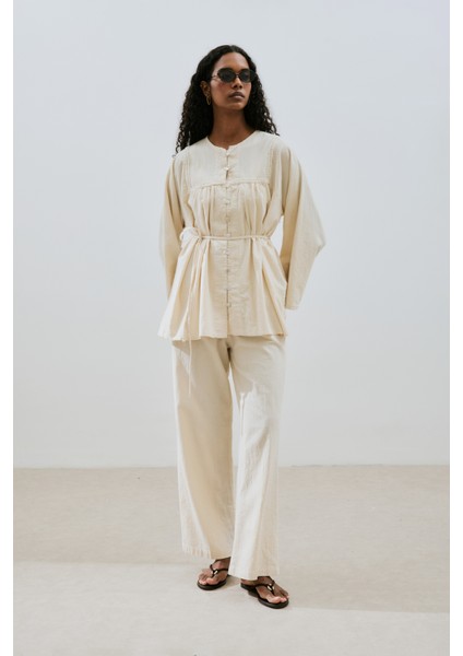 Dokulu Bağlamalı Pantolon Natural