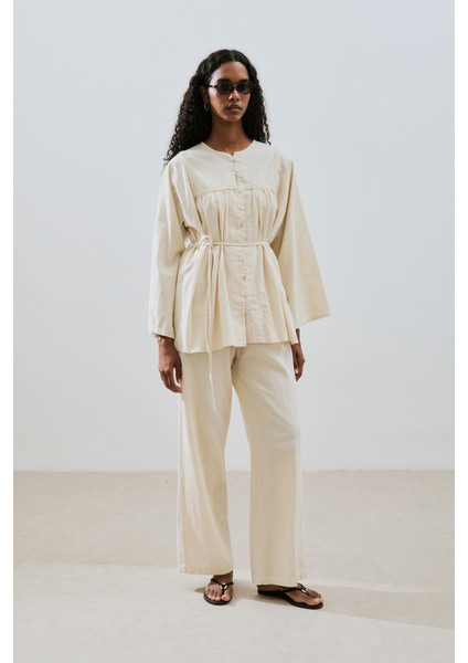 Dokulu Bağlamalı Pantolon Natural modelleri
