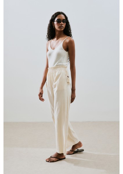 Dokulu Bağlamalı Pantolon Natural fırsatları