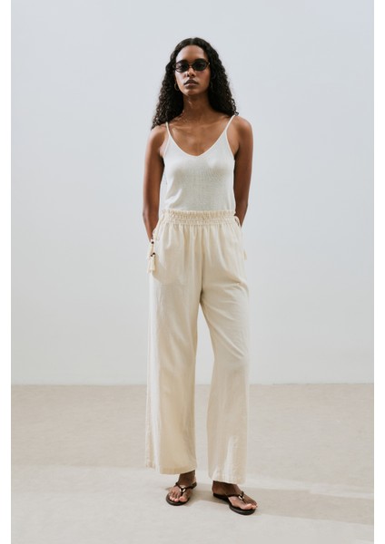 Dokulu Bağlamalı Pantolon Natural indirimleri