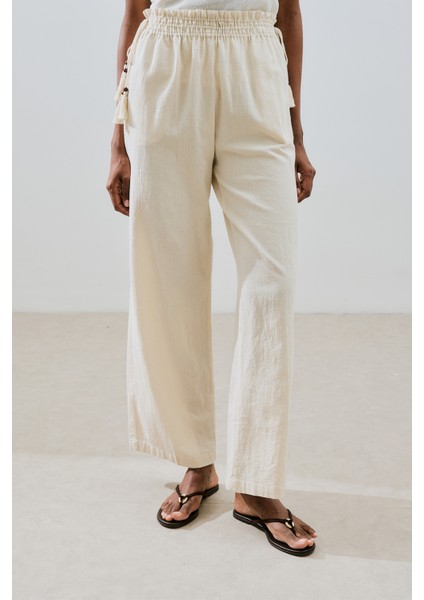 Dokulu Bağlamalı Pantolon Natural