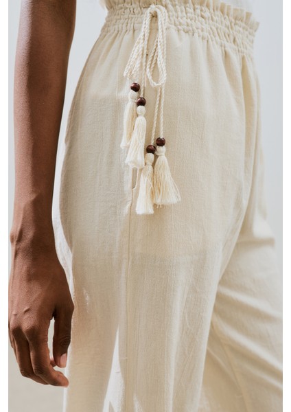 Dokulu Bağlamalı Pantolon Natural