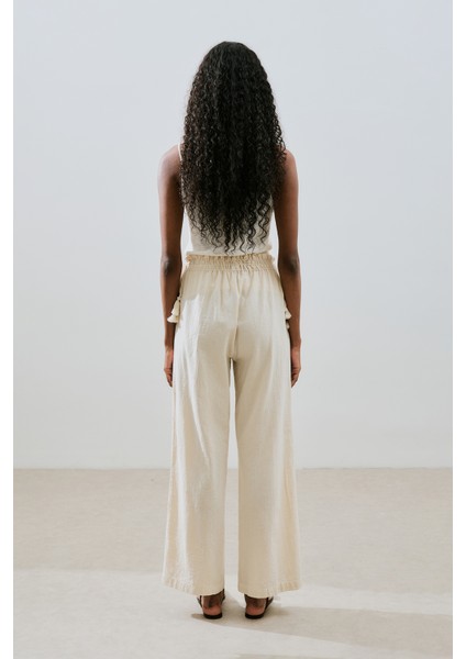 Dokulu Bağlamalı Pantolon Natural