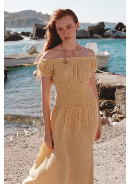 Müslin Büzgülü Elbise Sarı