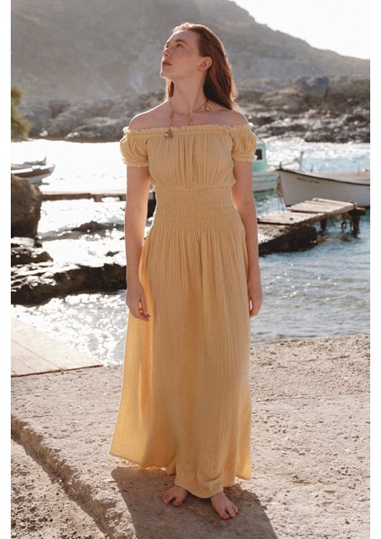 Müslin Büzgülü Elbise Sarı fiyatları