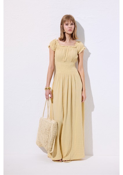 Müslin Büzgülü Elbise Sarı modelleri