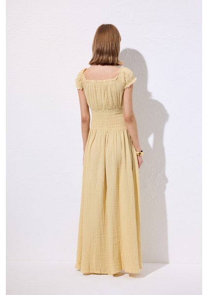 Müslin Büzgülü Elbise Sarı