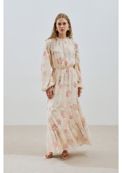 Uzun Büzgülü Şifon Elbise Roses Butterfly