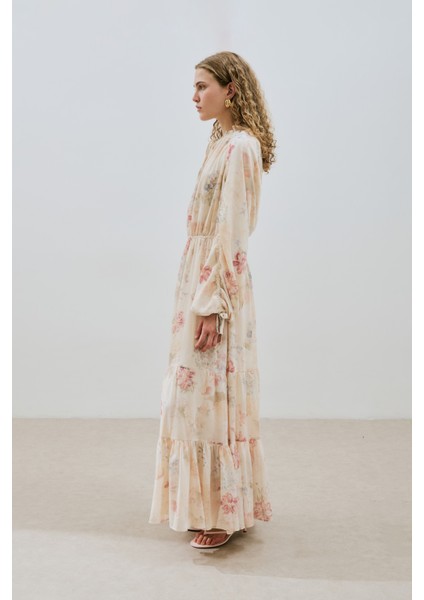 Uzun Büzgülü Şifon Elbise Roses Butterfly