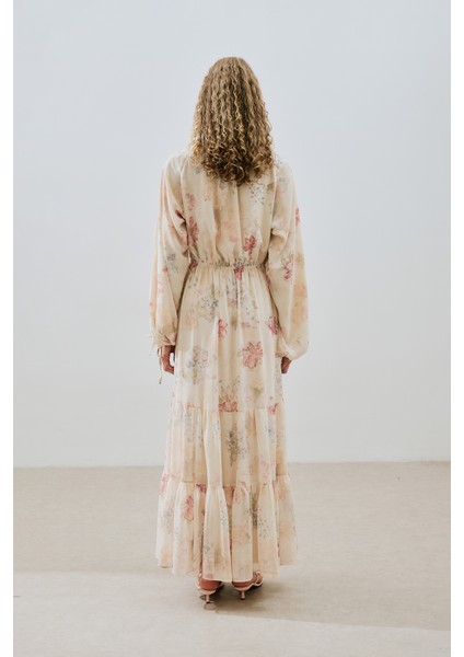 Uzun Büzgülü Şifon Elbise Roses Butterfly