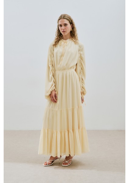 Uzun Büzgülü Şifon Elbise Soft Sarı fiyatları