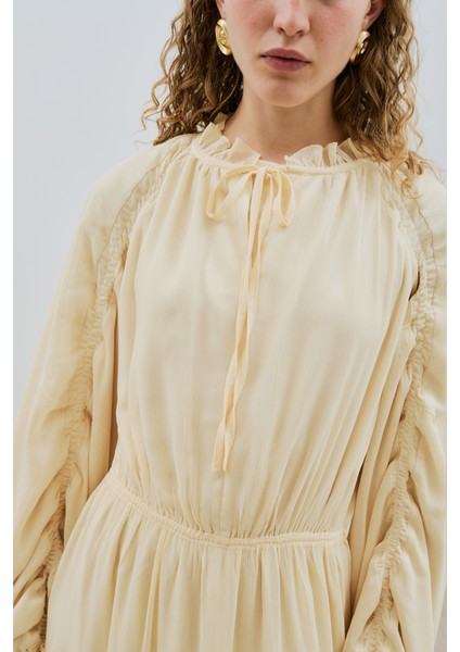 Uzun Büzgülü Şifon Elbise Soft Sarı modelleri