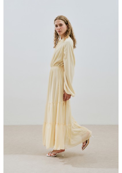 Uzun Büzgülü Şifon Elbise Soft Sarı fırsatları