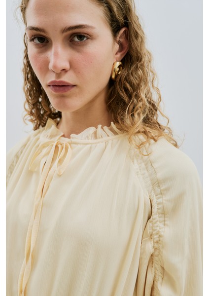 Uzun Büzgülü Şifon Elbise Soft Sarı indirimleri