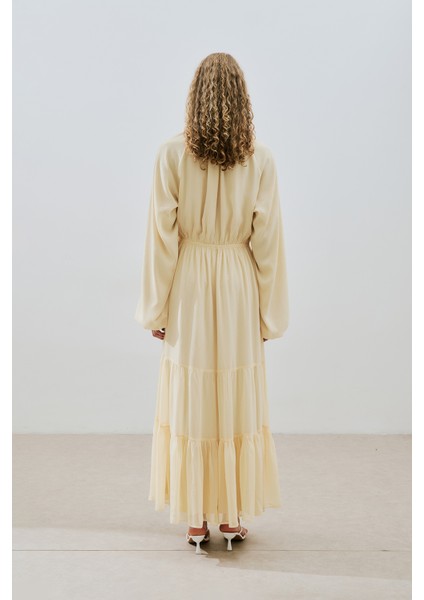 Uzun Büzgülü Şifon Elbise Soft Sarı