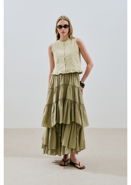 Katlı Boho Vual Etek Çağla