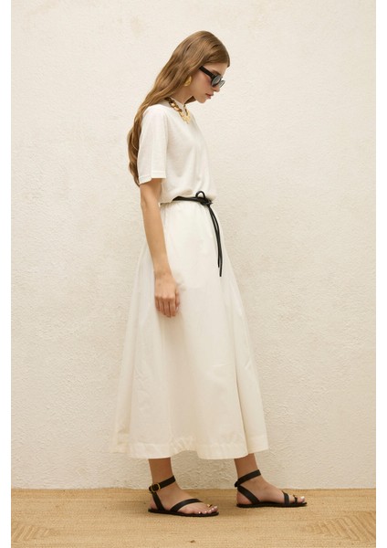 Katy Gabardin Büzgülü Etek Ekru