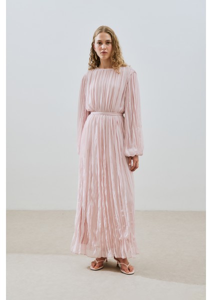 Piliseli Şifon Elbise Pudra