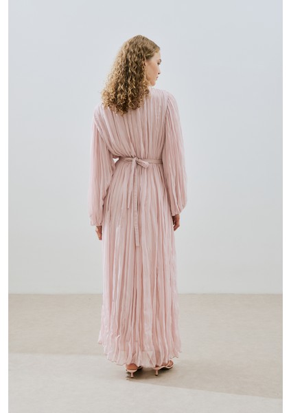 Piliseli Şifon Elbise Pudra