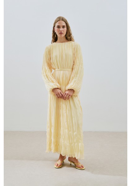Piliseli Şifon Elbise Soft Sarı fiyatları