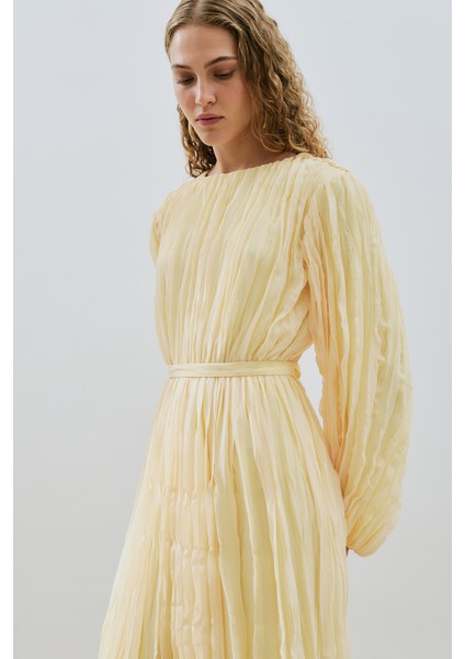 Piliseli Şifon Elbise Soft Sarı modelleri